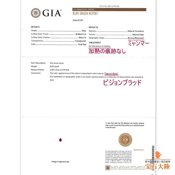 天然ルビー 0.25ct 【Pigeon Blood・非加熱】 ミャンマー GIA産地鑑別 