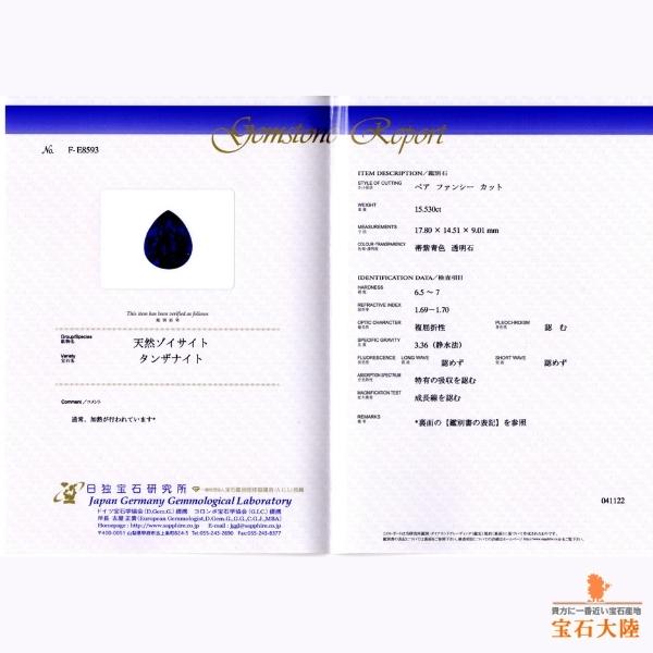 タンザナイト　鑑別書付き　極美品 天然タンザナイト 15.53ct 【極美・ジェムクオリティー】 日独
