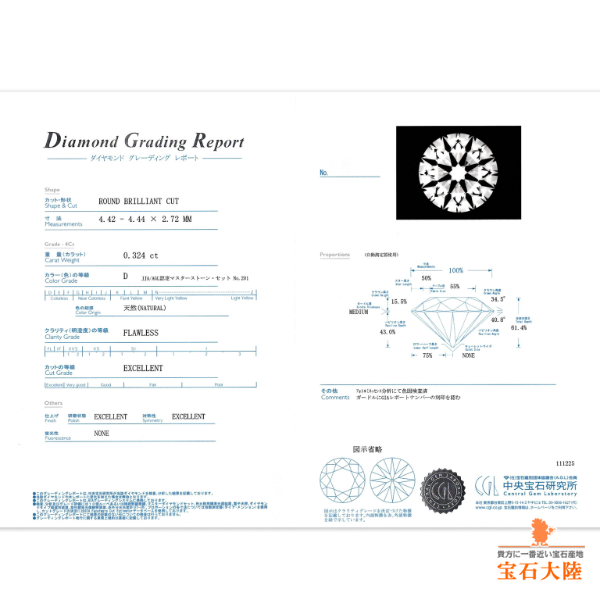 天然ダイヤモンド 0.324ct 【D FL 3EX H&C TYPEⅡA】 GIA・中宝鑑定書