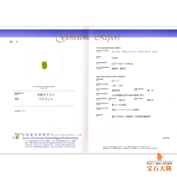 天然ペリドット 0.61ct 【隕石】 パラサイト 日独鑑別付