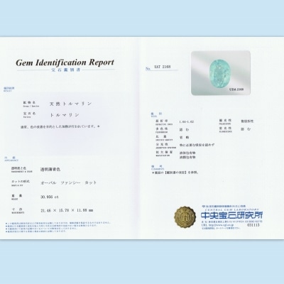 30.95ct天然パライバトルマリン【ブルー】中宝研分析報告書付