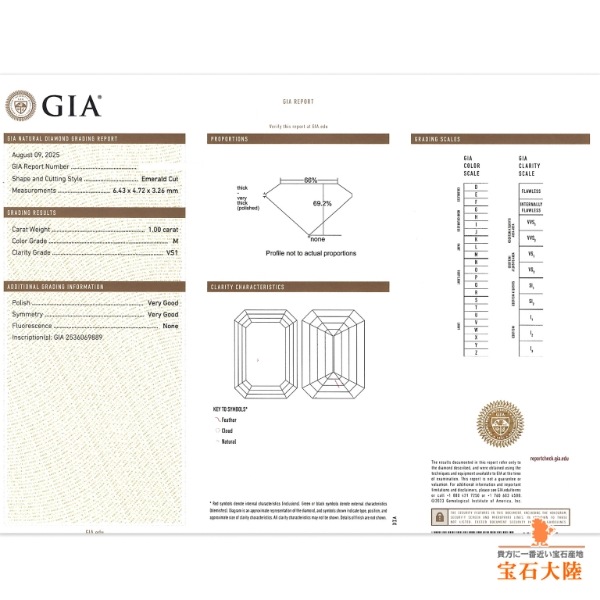 天然ダイヤモンド 1.00ct 【M VS1 エメラルドカット】 GIA鑑定書