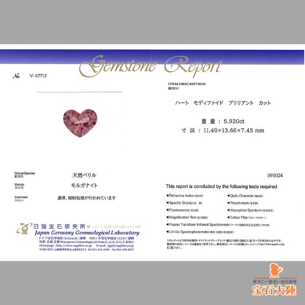 天然モルガナイト 5.92ct 【美ハート】マダガスカル 日独鑑別書