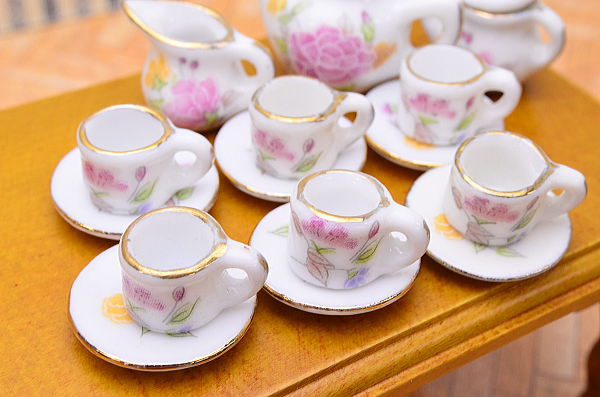 ミニチュア陶器 人気のお手軽シリーズ ティーセット プリント[AD014