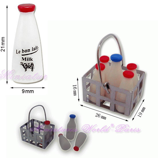 ミニチュア雑貨 ミルクボトル5本セット メタルバスケット入り [MWDC51] [m-s][imp]【 ネコポス不可 】