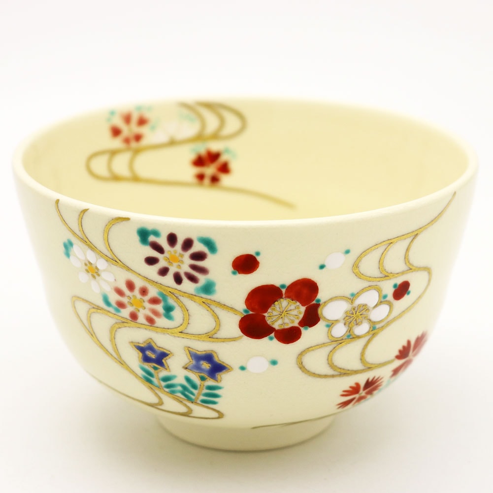 抹茶碗 色絵 流水四季草花 志峰作 通年物 春夏秋冬のご購入は茶道具の