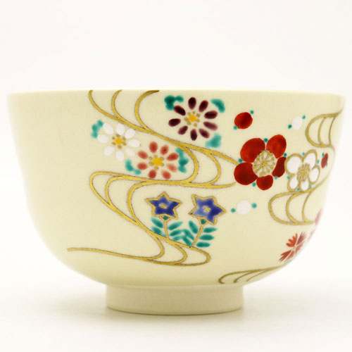 絵付抹茶茶碗（萬葉四季花）清水焼・岩崎起久雄絵付 絵付抹茶茶碗十二