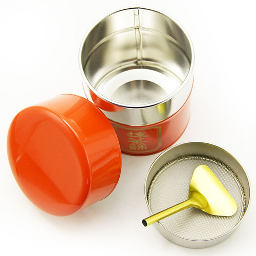 抹茶篩缶 朱色 へら付 茶道具 茶器 茶筅 茶碗 棗 古帛紗 袱紗 茶巾 炭道具 灰 茶道具類 柄杓 水指 掛け軸 茶の湯道具 抹茶 お点前 水屋 お稽古