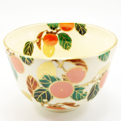 Ｔ５０１　茶碗　『色絵柿画』『洛陶窯　相模竜泉 造』　共箱　抹茶碗　茶道具 T501 茶碗 『色絵柿画』『洛陶窯 相模竜泉 造』 共箱 抹茶碗