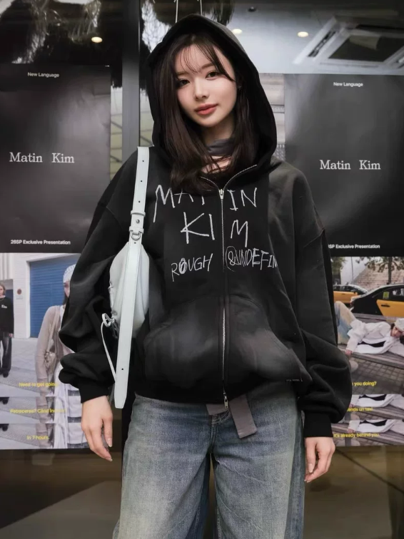 Matin Kim ネイビー ジップアップパーカー MATIN KIM ジップアップ フーディ パーカー VINTAGE WASHED GRAFFITI