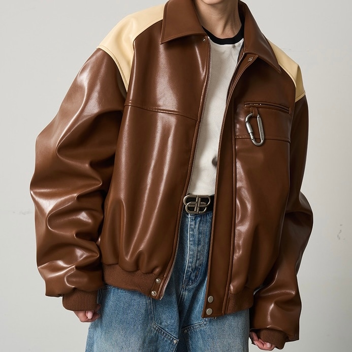 HARSH AND CRUEL コントラストカラー フェイクレザージャケット