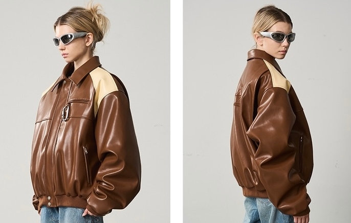 HARSH AND CRUEL コントラストカラー フェイクレザージャケット