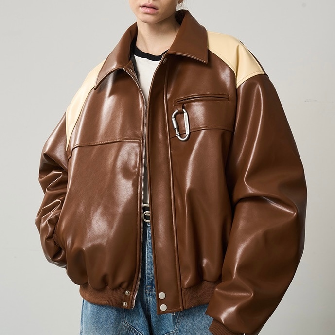 HARSH AND CRUEL コントラストカラー フェイクレザージャケット