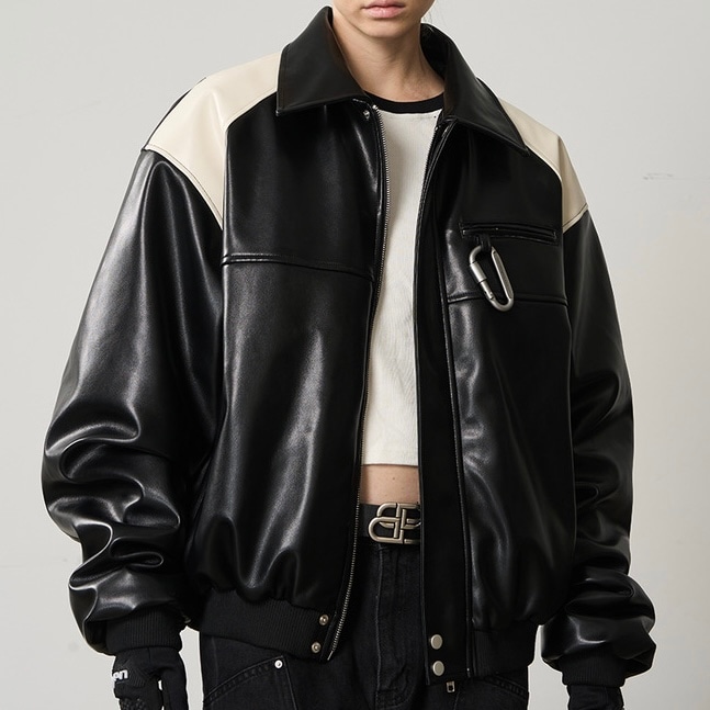 HARSH AND CRUEL コントラストカラー フェイクレザージャケット