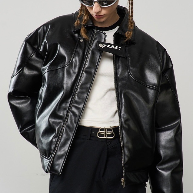 HARSH AND CRUEL ロゴ刺繍 パテント フェイクレザージャケット｜MIRISE