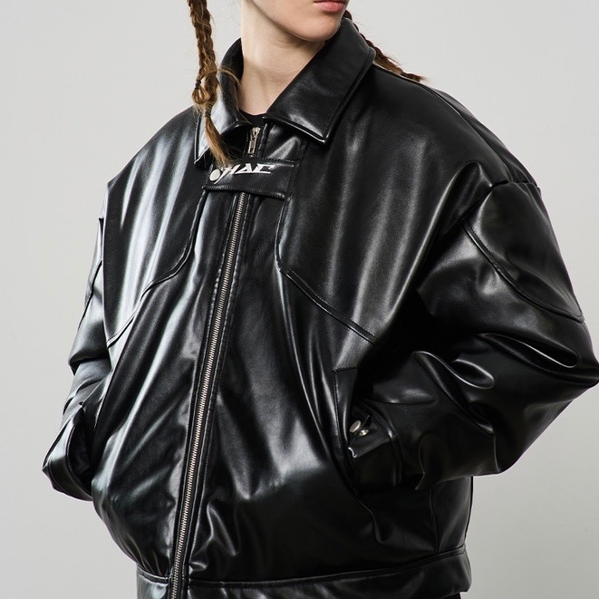 HARSH AND CRUEL ロゴ刺繍 パテント フェイクレザージャケット｜MIRISE