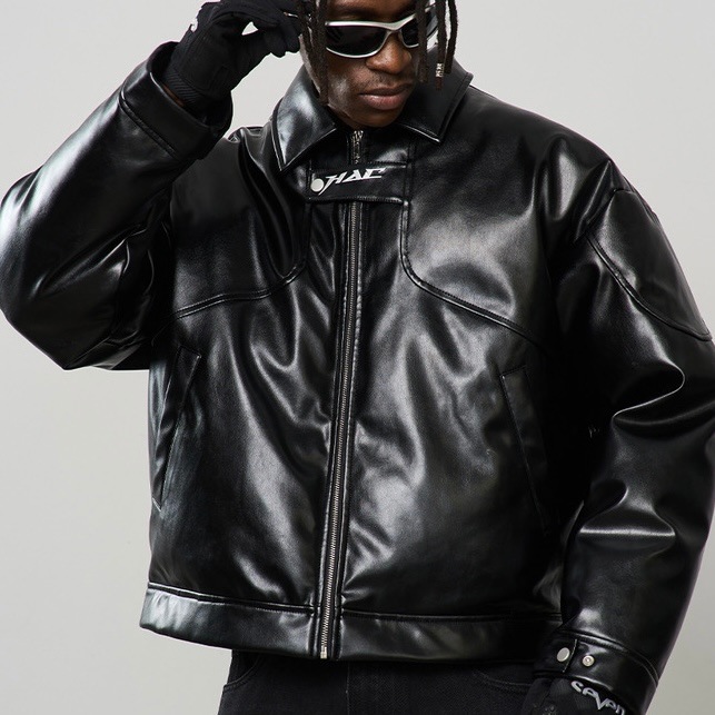 HARSH AND CRUEL ロゴ刺繍 パテント フェイクレザージャケット｜MIRISE