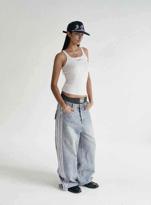 BADBLOOD ストライプ ワイドデニムパンツ Billy Track Jeans Baggy Fit