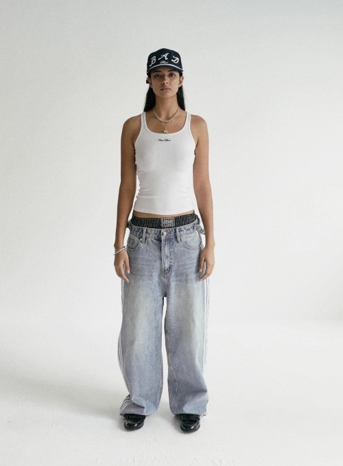 BADBLOOD ストライプ ワイドデニムパンツ Billy Track Jeans