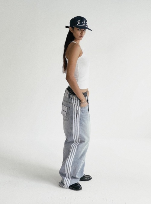 BADBLOOD ストライプ ワイドデニムパンツ Billy Track Jeans
