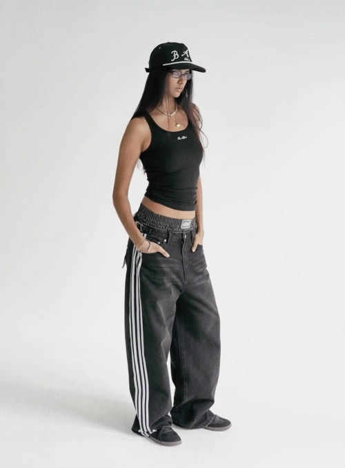 BADBLOOD ストライプ ワイドデニムパンツ Billy Track Jeans