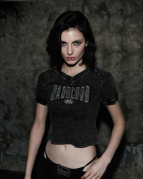 BADBLOOD クロップド デニムTシャツ Rusty Denim V-Neck T-Shirt