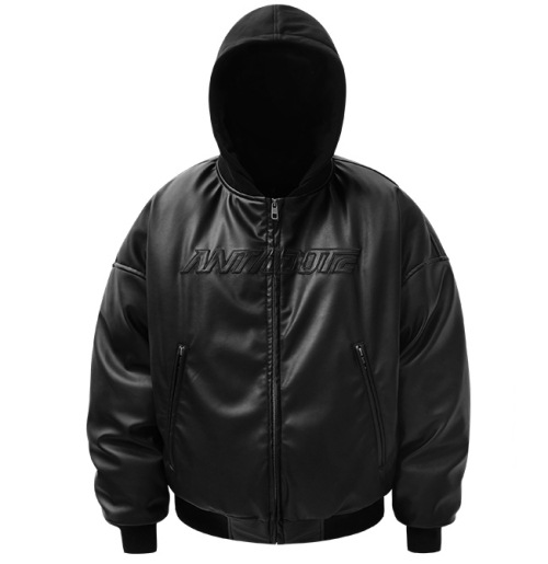 ANTIDOTE エンボスロゴ ビーガンレザー フード付き ダウンジャケット  