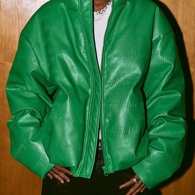 MEDM エンボス加工 3Dラミネート 高品質PUレザー ダウンジャケット