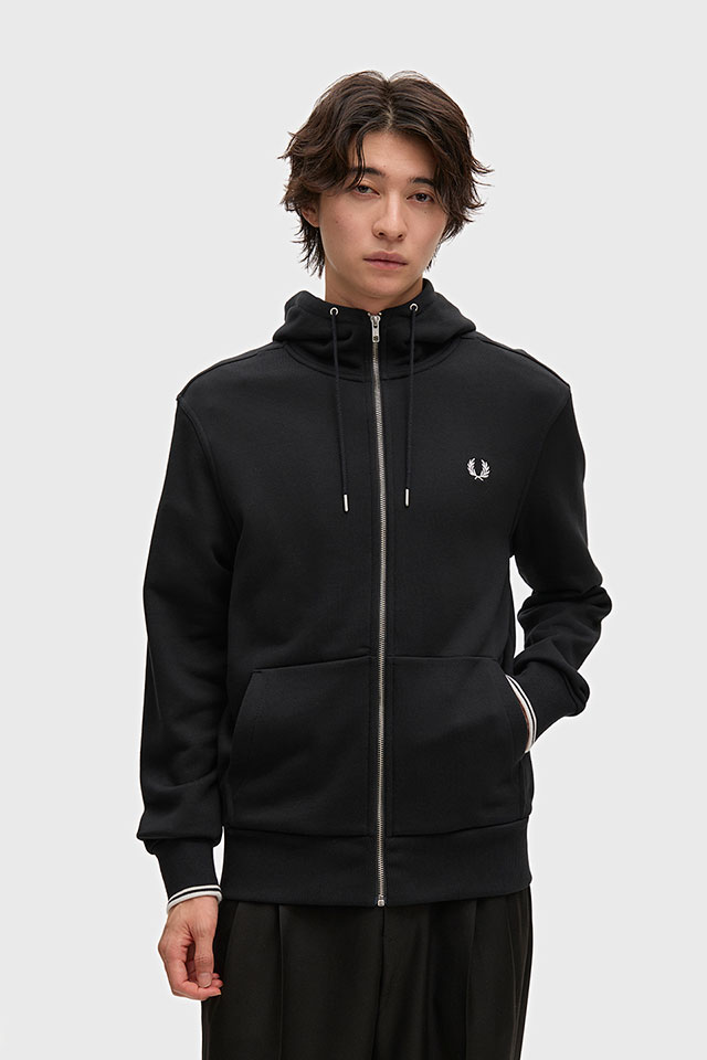 フレッドペリー FREDPERRY メンズ フーデッドジップスルースウェットシャツ [J7536-198] HOODED ZIP THROUGH SWEATSHIRT トップス パーカー BLACK