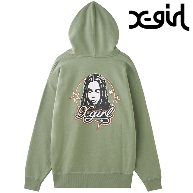 エックスガール X-girl フェイスアンドスター スウェットフーディー [105244012013 FW24WINTER] FACE AND STARS SWEAT HOODIE レディース プルオーバー OLIVE