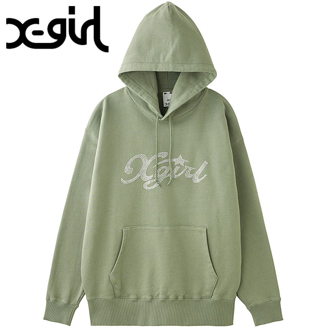 エックスガール X-girl ラインストーンスター カーシヴロゴ スウェットフーディー [105244012014 FW24WINTER] RHINESTONE STAR CURSIVE LOGO SWEAT HOODIE レディース トップス プルオーバー OLIVE 正規取扱店