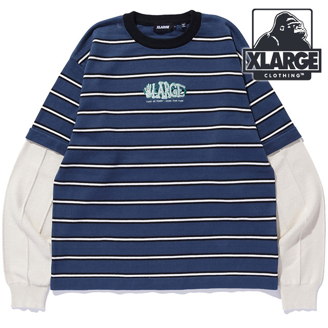 エクストララージ XLARGE レイヤード クルーネック ニット [101251015004 SS25] LAYERED CREWNECK KNIT メンズ トップス 重ね着 ボーダー NAVY 正規取扱店