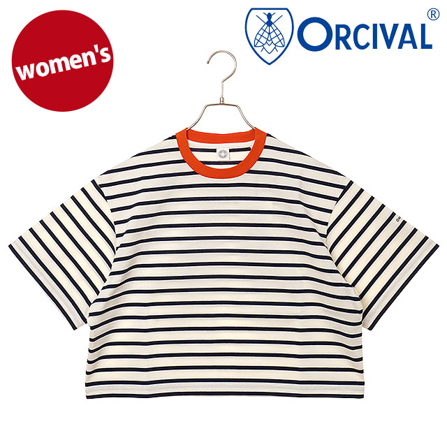オーシバル ORCIVAL ワイド クルーネック ショートスリーブプルオーバー [OR-C0416-MSD SS25] WIDE CREW NECK S/S P.O. レディース トップス カットソー 半袖Tシャツ ボーダー ショート丈 WHITE/NAVY（ORANGE-BINDER） 正規取扱店