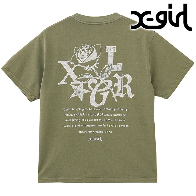 エックスガール X-girl ローズロゴ フェイデッド ショートスリーブ Tシャツ [105251011016 SS25] ROSE LOGO FADED S/S TEE レディース 半袖 バックプリントティー OLIVE 【メール便配送】