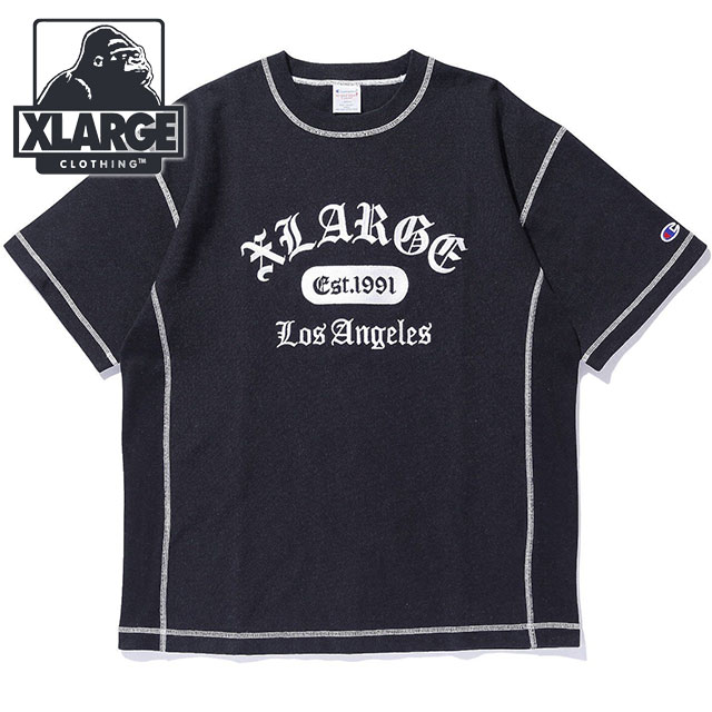 エクストララージ XLARGE チャンピオン リバースウィーブ ステッチドショートスリーブTシャツ [101252011048 SS25SPOT] XLARGE×Champion REVERSE WEAVE STICHED S/S TEE  メンズ 半袖 コラボ BLACK 【メール便配送】