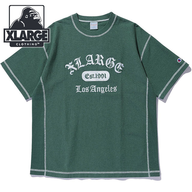 エクストララージ XLARGE チャンピオン リバースウィーブ ステッチドショートスリーブTシャツ [101252011048 SS25SPOT] XLARGE×Champion REVERSE WEAVE STICHED S/S TEE  メンズ 半袖 コラボ GREEN 【メール便配送】