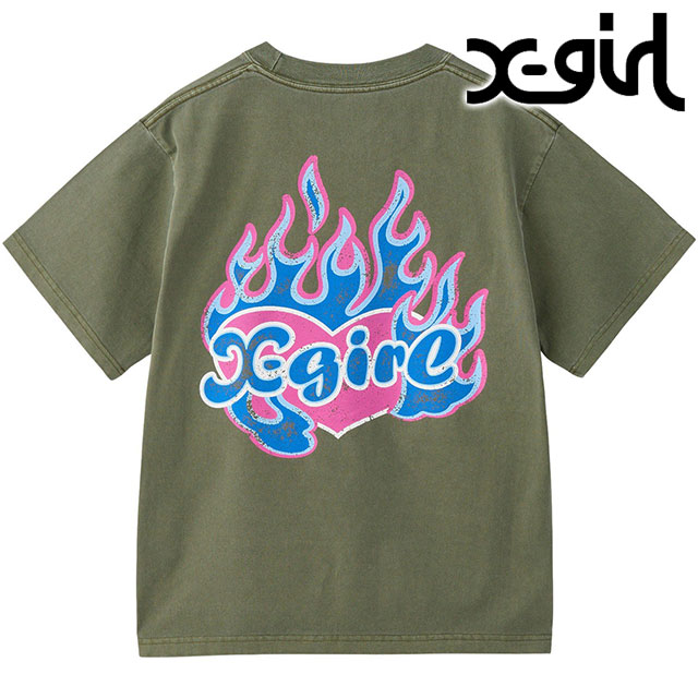 エックスガール X-girl ファイヤーハートロゴ ショートスリーブティー [105253011010 FW25] FIRE HEART LOGO S/S TEE レディース Xgirl 半袖Tシャツ OLIVE 【メール便配送】