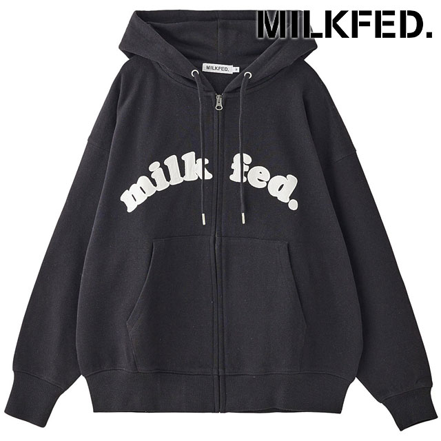 ミルクフェド MILKFED. アーチクーパーロゴ ジップアップフーディー [103253012001 FW25] ARCH COOPER LOGO ZIP UP HOODIE レディース トップス フルジップパーカー 羽織り ゆったり BLACK 正規取扱店