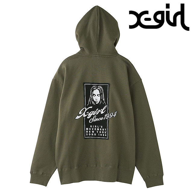 エックスガール X-girl フェイスボックスパッチ ジップアップスウェットフーディー [105253012005 FW25] FACE BOX PATCH ZIP UP SWEAT HOODIE レディース xgirl フルジップ パーカー OLIVE