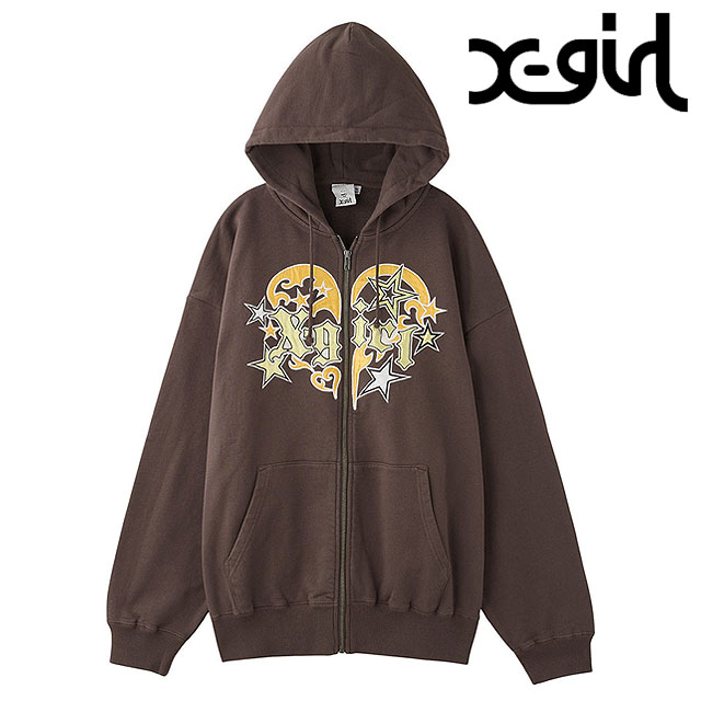 エックスガール X-girl トライバルハート ジップアップスウェットフーディー [105253012004 FW25] TRIBAL HEART ZIP UP SWEAT HOODIE レディース xgirl トップス フルジップ パーカー BROWN 正規取扱店