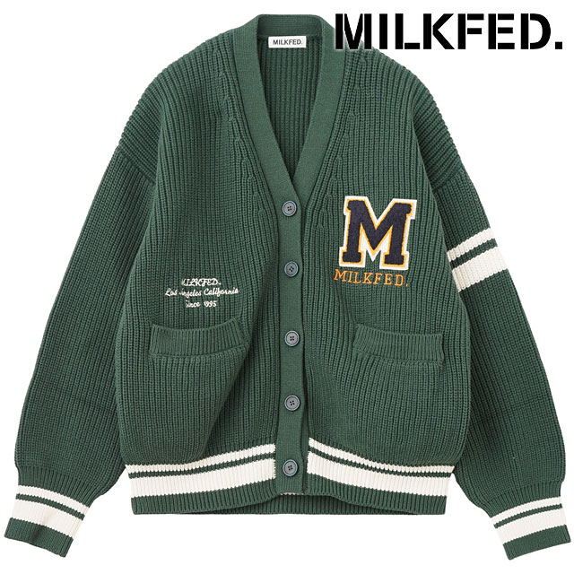 ミルクフェド MILKFED. カレッジカーディガン [103253015004 FW25] COLLEGE CARDIGAN レディース トップス 羽織り ニット 前ボタン ワッペン GREEN 正規取扱店