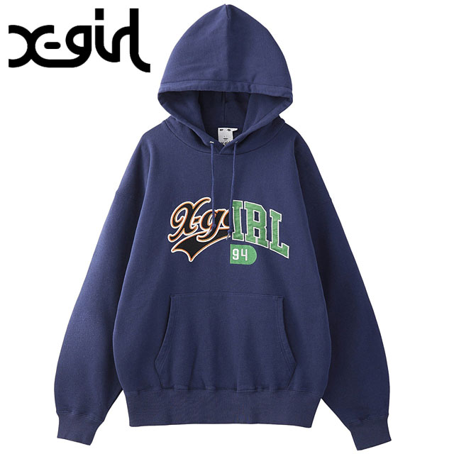 エックスガール X-girl ミックスカレッジロゴ スウェットフーディー [105253012016 FW25] MIX COLLEGE LOGO SWEAT HOODIE レディース xgirl トップス プルオーバー パーカー NAVY 正規取扱店
