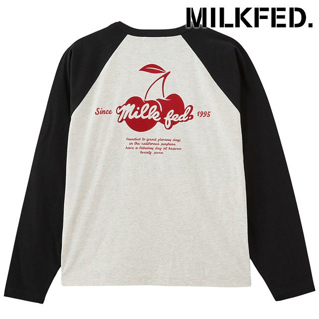 ミルクフェド MILKFED. チェリーフロックプリント ベースボールTシャツ [103254011004 FW25] CHERRY FLOCK PRINT B/B TEE レディース トップス 長袖 ラグラン クルーネック オートミール ホワイト系 【メール便配送】 正規取扱店
