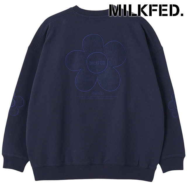 ミルクフェド MILKFED. フラワーエルボーパッチ スウェットトップ [103254012003 FW25] FLOWER ELBOW PATCH SWEAT TOP レディース トップス 長袖 プルオーバー トレーナー クルーネック ネイビー 正規取扱店