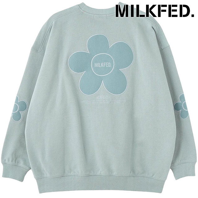ミルクフェド MILKFED. フラワーエルボーパッチ スウェットトップ [103254012003 FW25] FLOWER ELBOW PATCH SWEAT TOP レディース トップス 長袖 プルオーバー トレーナー クルーネック ライトブルー 正規取扱店