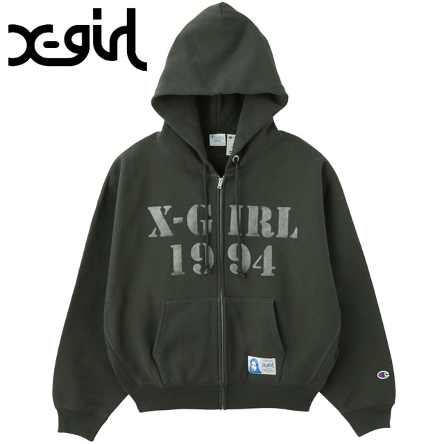 エックスガール X-girl チャンピオン リバースウィーブ ジップアップフーディー [105254012023 FW25] X-girl x Champion REVERSE WEAVE R STENCIL LOGO ZIP UP HOODIE レディース xgirl コラボ トップス スウェットパーカー ブラック 正規取扱店