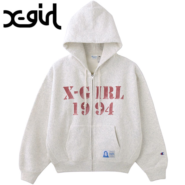 エックスガール X-girl チャンピオン リバースウィーブ ジップアップフーディー [105254012023 FW25] X-girl x Champion REVERSE WEAVE R STENCIL LOGO ZIP UP HOODIE レディース xgirl コラボ トップス スウェットパーカー アッシュ グレー 正規取扱店