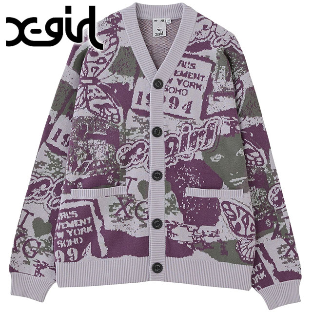 エックスガール X-girl ジャガードニットカーディガン [105254015019 FW25] COLLAGE GRAPHIC JACQUARD KNIT CARDIGAN レディース xgirl トップス ゆったり 秋冬 パープル 正規取扱店