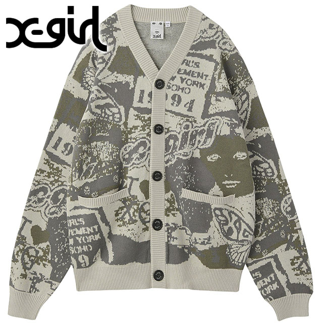 エックスガール X-girl ジャガードニットカーディガン [105254015019 FW25] COLLAGE GRAPHIC JACQUARD KNIT CARDIGAN レディース xgirl トップス ゆったり 秋冬 オリーブ 正規取扱店