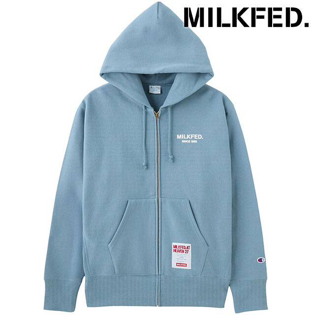 ミルクフェド MILKFED. チャンピオン スウェットジップフーディー [103254012001 FW25] MILKFED. x CHAMPION SWEAT ZIP HOODIE レディース コラボ トップス ジップアップパーカー ライトブルー 正規取扱店